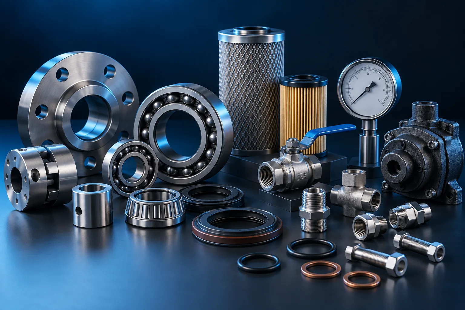Industrial spare parts, valves, filters and bearings